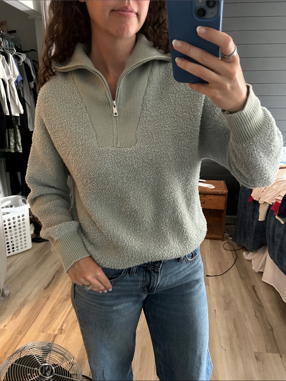 Joie Sage Green Bouclé Half-Zip Sweater